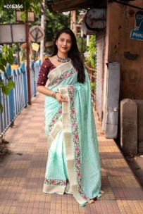 Soft linen sarees with embroidery work