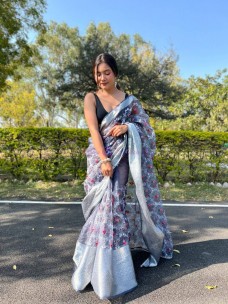 Organza embroidery sarees with silver zari border