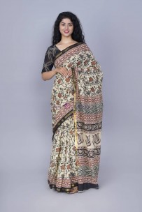 Hand printed pure mulmul cotton sarees with zari border