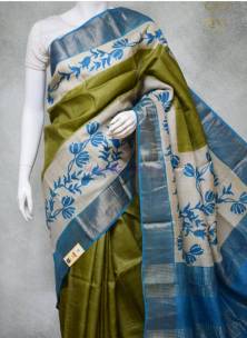 Handprint zari border pure Tussar silk sarees