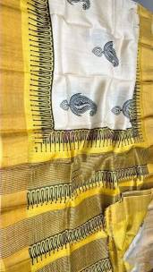 Handprinted zari border tussar silk.sarees