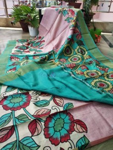 Hand-painted pen kalamkari tussar silk sarees