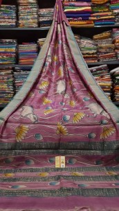Hand painted pen kalamkari on Pure Tussar silk sarees