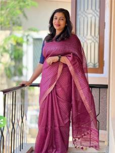 Silk linen checks sarees with ghicha pallu
