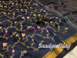100 count pure silk linen computer embroidery sarees