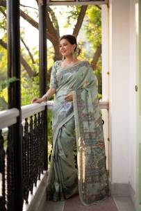 Fancy tussar silk sarees with madhubani print