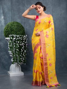 Premium quality 120 counts floral digital printed linen sarees