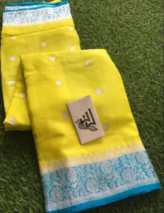 Yellow and light blue pure chiffon banarasi sarees