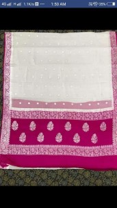 Cream and dark pink pure chiffon banarasi silk sarees