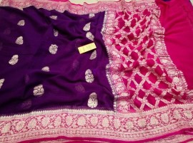 Dark violet and pink pure chiffon banarasi silk sarees