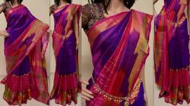Purple colored uppada sarees with pochampally border