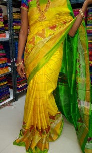 Yellow and green uppada sarees with pochampally border