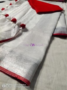 White and red 100 count linen sarees