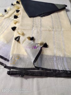 Creamy yellow and black 100 count linen by linen sarees
