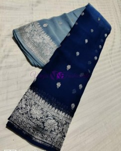 Grey and navy blue pure banarasi chiffon sarees