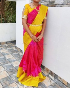 Dark pink and yellow kuppadam pattu sarees