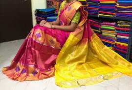 Pink and yellow kuppadam sarees with jamdani border
