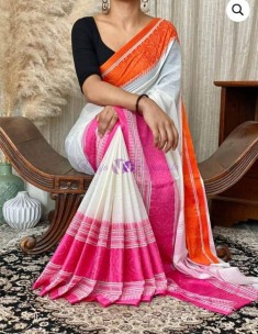Cream with pink and orange pure khadi cotton sarees