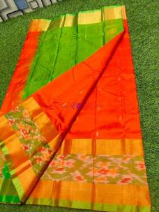 Orange with green uppada sarees with pochampally border and butti work