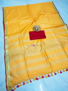 Mango yellow and red 100 count linen by linen sarees