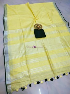 Yellow with black 100 count linen by linen sarees