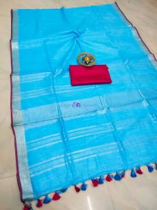 Sky blue with red 100 count linen by linen sarees