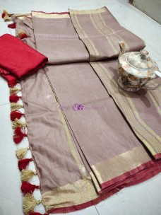 Brown and maroon red 100 count linen by linen sarees