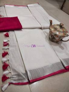 White with maroon red 100 count linen by linen sarees