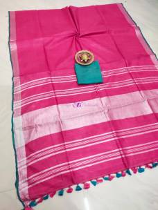 Dark pink with green 100 count linen by linen sarees