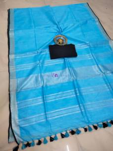 Sky blue and black 100 count linen by linen sarees