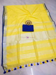 Yellow with blue 100 count linen by linen sarees