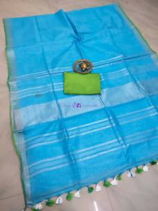 Sky blue with green 100 count linen by linen sarees