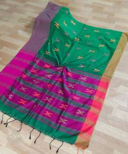 Green and pink projapoti pure khadi cotton sarees