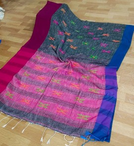 Gray with pink projapoti pure khadi cotton sarees