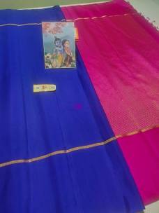 Blue and pink pure kanchipuram silk with 1 inch border