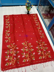 Red handspun muslin jamdani sarees