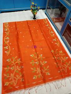 Orange handspun muslin jamdani sarees