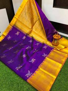 Dark purple kuppadam sarees with bird motifs
