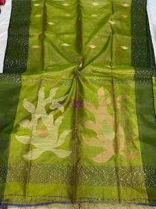 Green with dark green handloom tissue muslin sequence sarees