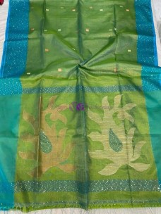 Green and light blue handloom tissue muslin sequence sarees