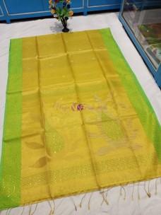 Yellow with green handloom tissue  muslin sequence sarees