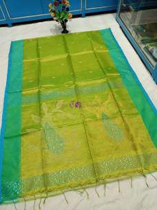 Green handloom tissue muslin sequence sarees