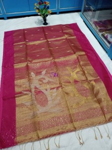 Dark pink handloom tissue muslin sequence sarees