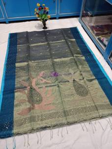 Peacock blue handloom tissue muslin sequence sarees