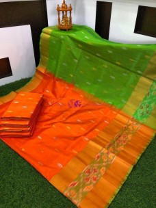 Orange uppada pattu sarees with pochampally border