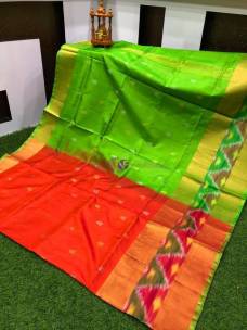 Orange with green uppada pattu sarees with pochampally border