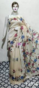 Cream fletcher silk linen sarees with hand print