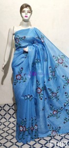 Blue fletcher silk linen hand print sarees