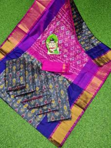 Dark grey uppada sarees with pochampally design