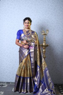 Blue organza soft silk sarees with digital print and kanchi border